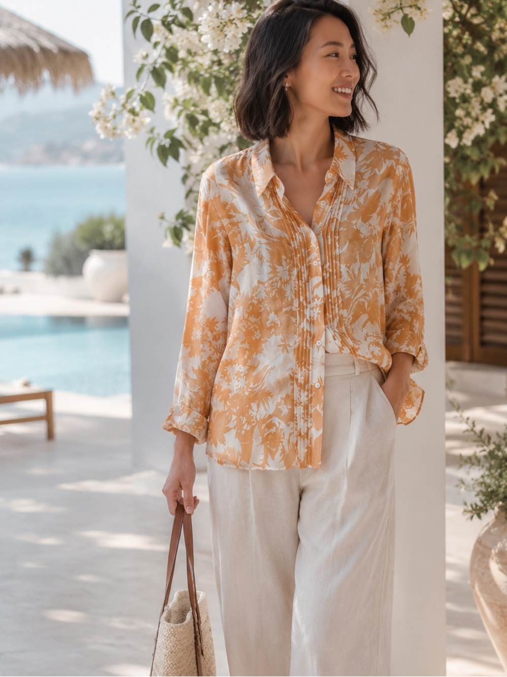 Silk Orange Floral Blouse Pleated Button Up Boho Resort Coastal Chic Vacation